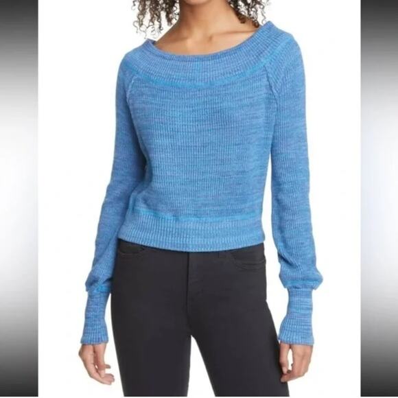 Free People On/Off The Shoulder Knit Blue Marbled Sweater Size XL Feminine Boho - Picture 2 of 6